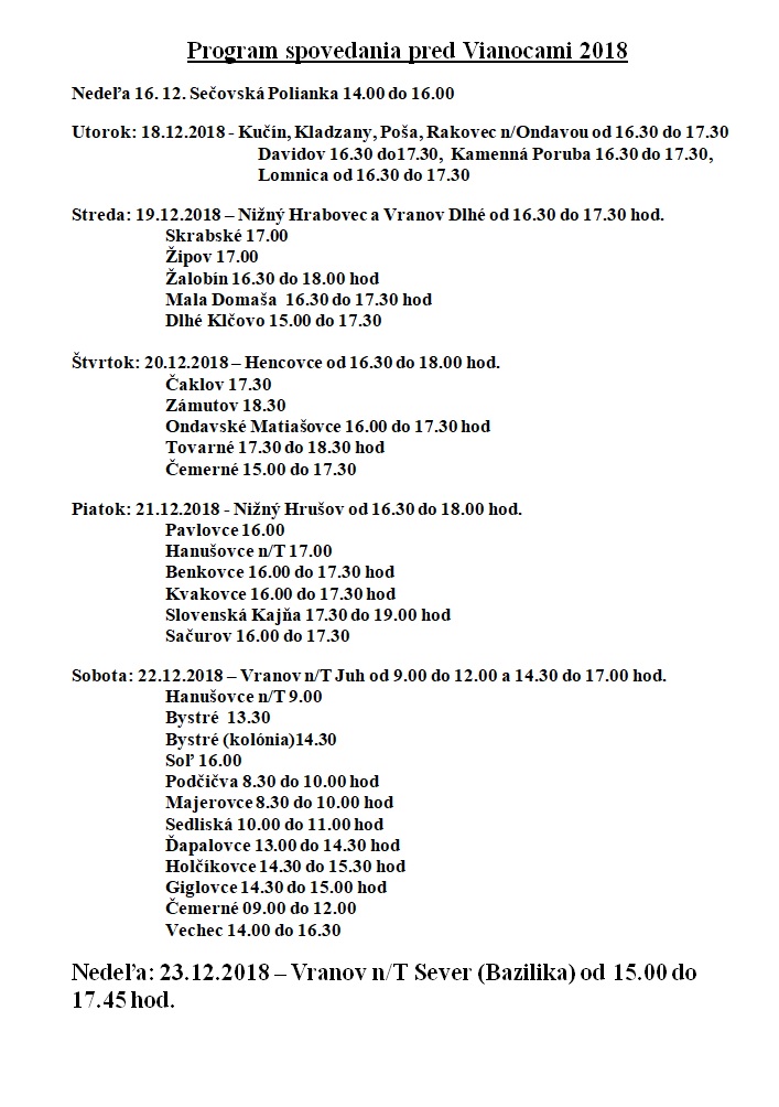 program spovedania pred Vianocami 2018
